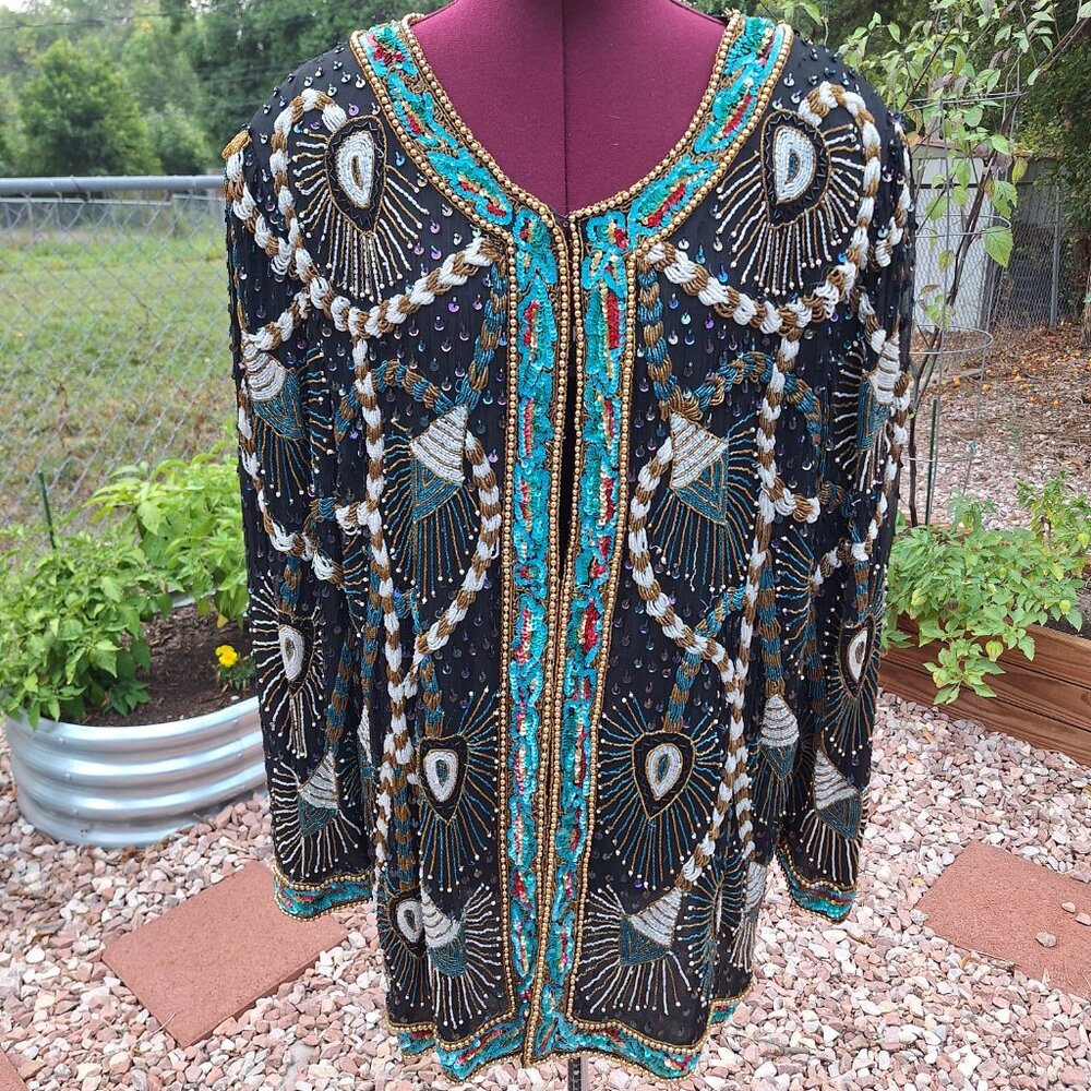 Vintage Art Deco Carina Top Heavily Beaded Maximalism Top Size XXL